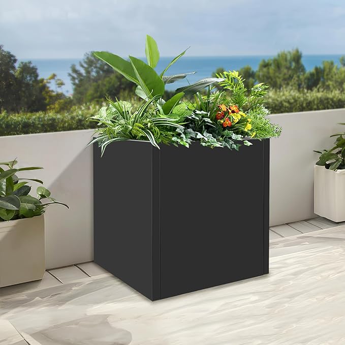 Metal Tall Square Planter 17“ L x 17” W x 18 H Square Steel Raised Garden Bed Tall Resin Garden Pot Outdoor Planters Box Large Planter Box for Outdoor Patio/Porch/Yard
