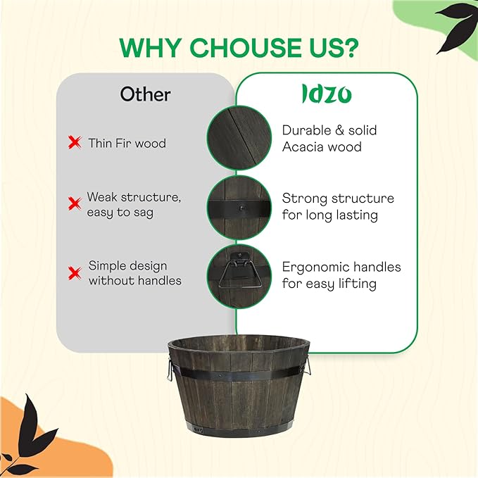 Idzo Set of 3 Wooden Flower Planters for Outdoor Plants Acacia Wood Barrel Planters Ergonomic Handles Drainage Holes Various Sizes Black