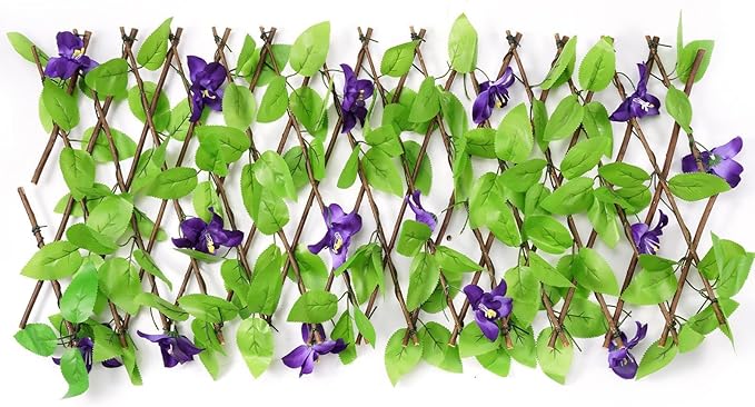 Expanding Garden Trellis Panel Artificial Hedge Wall Panels Garden Privacy Screen with Ivy and Violet Flower Adjustable Fake Leaf Wall Greenery Hedge Plant for Gardens Backyard Balcony