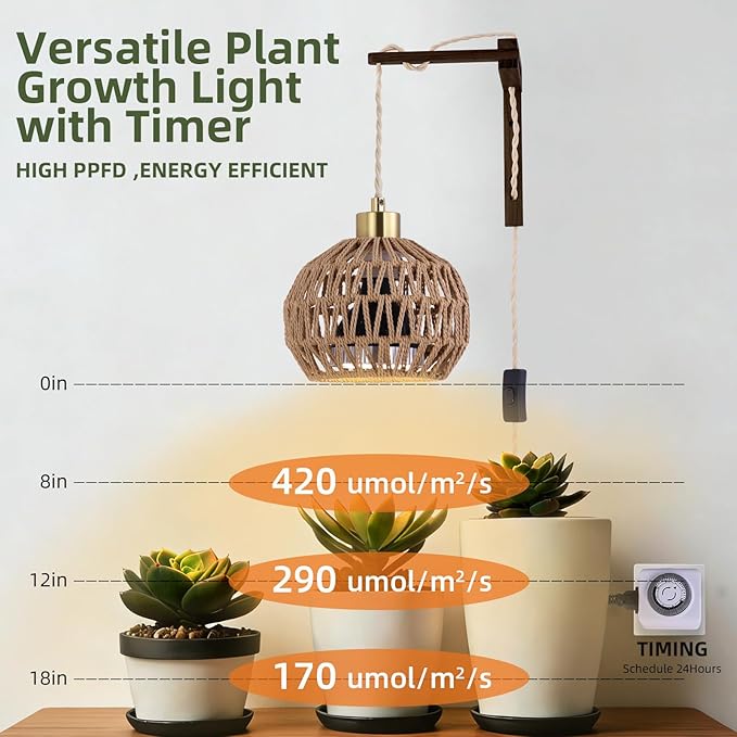 Hanging Grow Lights for Indoor Plants - 35W 4000K Full Spectrum Plant Light Wall Mounted Grow Light with Wooden Bracket Timer 15FT Power Cord Ideal for Plants Flowers &amp Home Decor