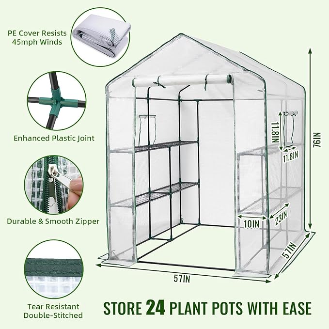 Greengro Greenhouse 57 x 57 x 76'' Greenhouses for Outdoors Portable Greenhouse Kit with Mesh Side Windows PE Cover 8 Shelves Heavy Duty Walk in Green House for Backyard Garden Indoor Outside