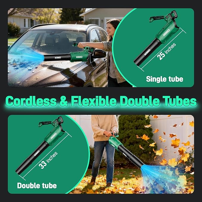 KIMO Leaf Blower Cordless with Battery and Charger 800CFM/300MPH Precision Adjustment Handle 3Speeds w/ Visual Panel Lightweight 2 Extended Tube 2* 2.0 Battery Powered Leaf Blowers for Lawn Care