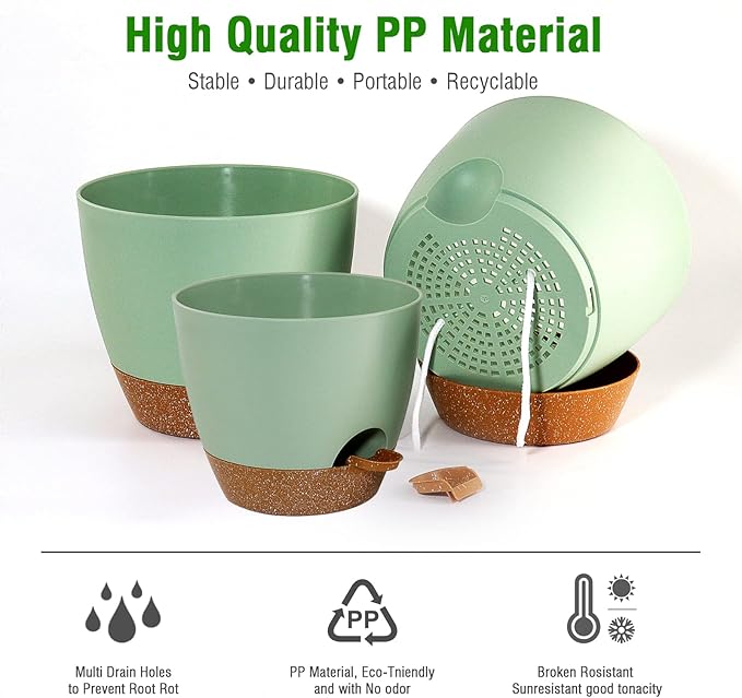 Large Self Watering Pots 12/10/9 Plastic Planters with High Drainage Holes and Deep Reservoir for Indoor Outdoor Garden Plants and Flowers Green with Brown