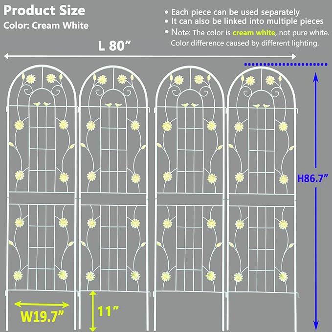 2 Pack Metal Garden Trellis 86.7 H Garden Fence Rustproof Trellis Cream White for Climbing Plants Support Roses Flower Cucumber Outdoor Lawn Cream White
