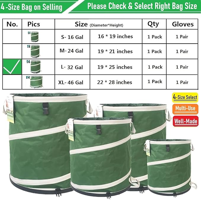 32-Gallon Collapsible Trash Can (19x25 in) Hard-Shell Bottom Leaf BagYard Waste BagGarden Debris ContainerPop-Up Recycling BinRV Camping Waste BinLaundry HamperLawn Grass ClippingsWeeds Basket