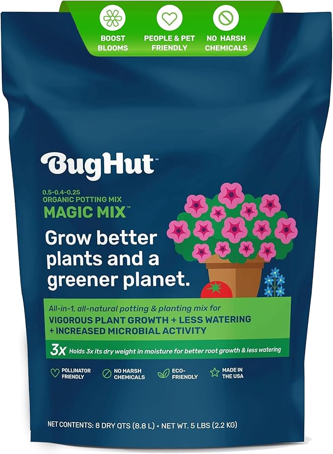 BugHut Magic Mix Peat Free Organic Potting Soil for Indoor Plants and Outdoor – Nutrient-Rich Garden Soil for Vegetables Fruits Herbs and Flowers – Potting Mix Moisture Retaining 5 lb Bag