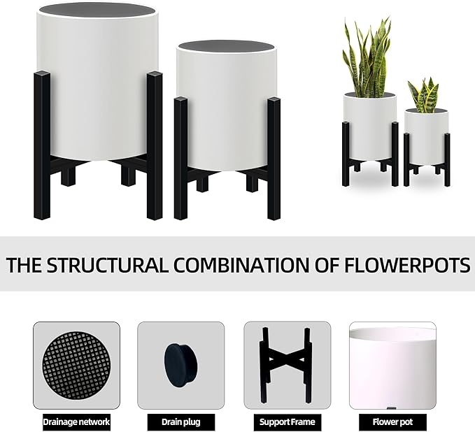 Plant Pot with Stands Set of 2 Mid Century Planters for Indoor Plants Modern Decorative Flower Pots for Balcony Office Living Room or Garden with Drainage Plug 12 inch &amp 10 inch