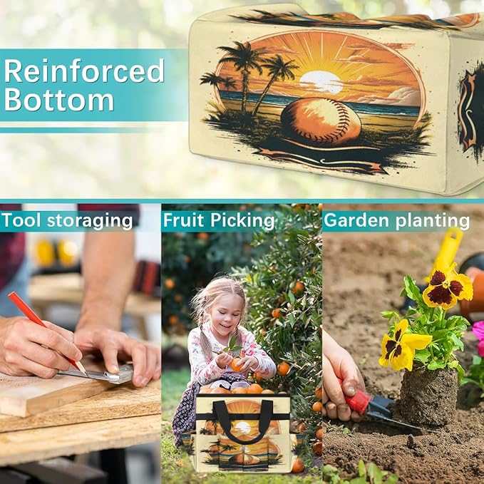 Sunset Coconut Volleyball Garden Tool Bag Waterproof Garden Tool Storage Bag Heavy Duty Oxford Gardening Tool Bag with Handle &amp 10 Pockets for Men Women Outdoor Garden Lawn Yard