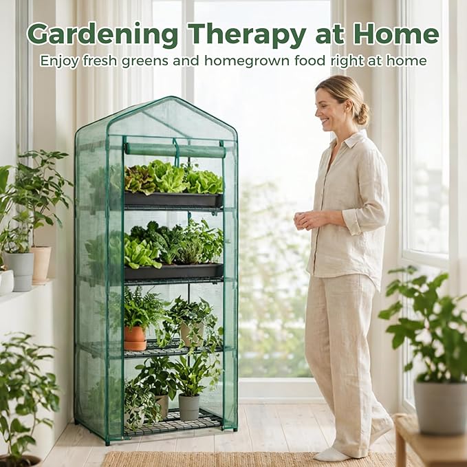 NEWBULIG 4-Tier Mini Greenhouse for Outdoors Small Green House with Sturdy Frame and Durable Green PE Cover Portable Greenhouse for Outside and Indoor Use 27.17 x 19.29 x 63.4 Inches