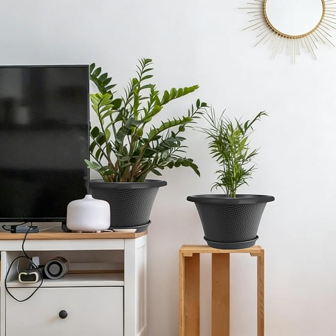 Quarut 12 Inch Pots for Plants4 Pack Large Flower Pots with Drainage Hole &amp SaucerModern Planters for Indoor Outdoor PlantsDecorative Resin Garden Pots Black