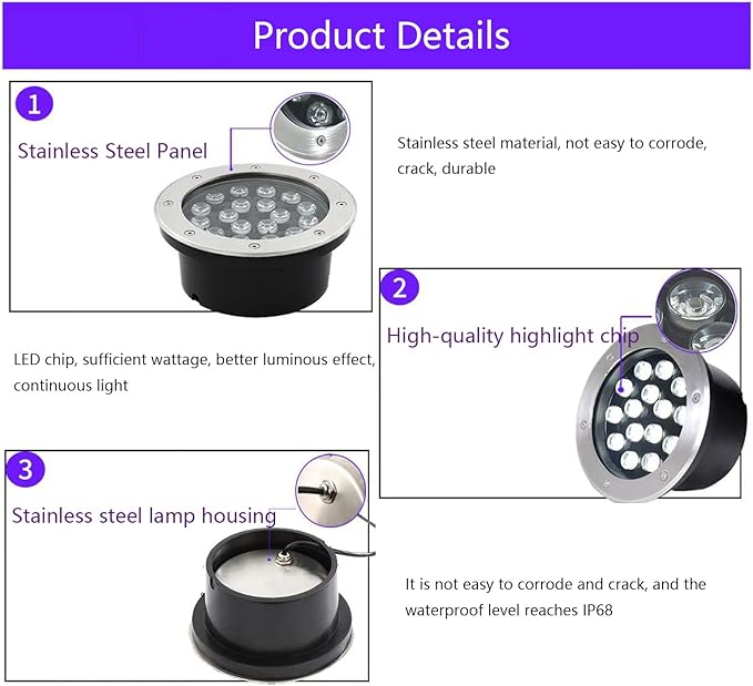 Underwater Pond Light Submersible Led Pool Lights IP68 Waterproof Stainless Steel Fountain Light Low Voltage DC12/24V Recessed Underground Light For Landscape Walls Spotlights(Warm light15W-DC