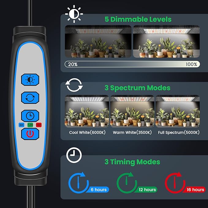 Garpsen Grow Lights for Indoor Plants 882 LEDs Full Spectrum Plant Light with 5 Dimmable Levels &amp 3 Color Modes Grow Lamp with Auto Timer 6/12/16H for Under Cabinet Plant &amp Plant Stand(6Pane