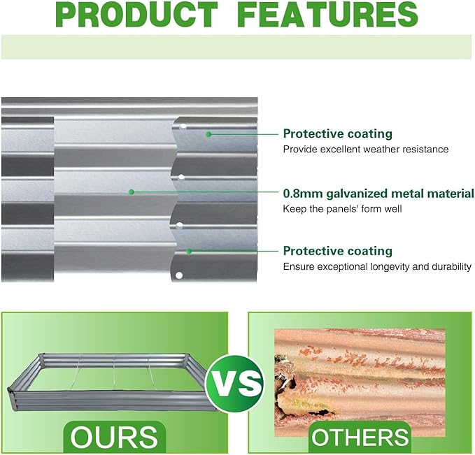 GrowHaus 8x4x1FT Galvanized Raised Garden Bed Planter Boxes Outdoor Large Metal Garden Beds for Planting Vegetables Flowers Herbs Rectangle Silver