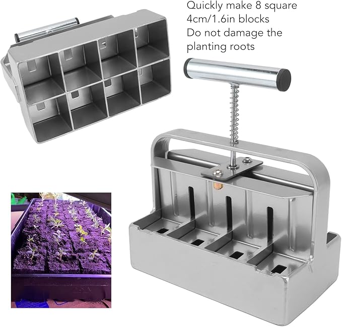 Soil Blocker Manual 8 Cell Soil Block Maker with Comfortable Handle and 3 Sizes Seed Pins 1.6inch Block Handheld Soil Blocking Tool for Seed Starting Transplanting Germination