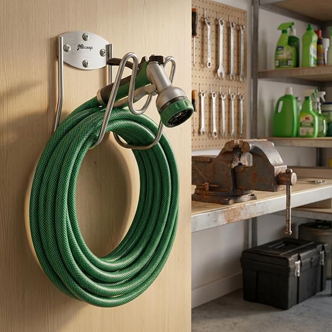 JBscoop Stainless Steel Garden Hose Holder Wall Mount – Silver SUS304 Hose Hanger for Indoor &amp Outdoor Use