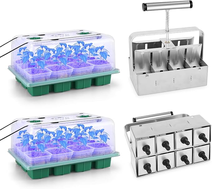 BlumWay Large Size 2 Pack 24 Cell Seed Starter Kit with Bigger Seed Starter Cup &amp 2 Inch 8 Cell Upgraded Soil Blocker