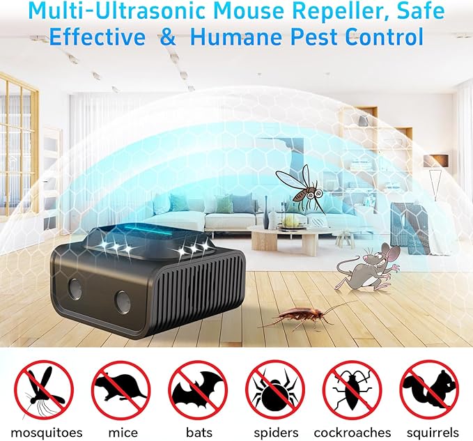 2026 Mice Rat Repellent Plug-in for House Rodent Squirrel Repellent Ultrasonic Mouse Deterrent Device Bat Removal Attic Garage Basement Warehouse Home (Black)