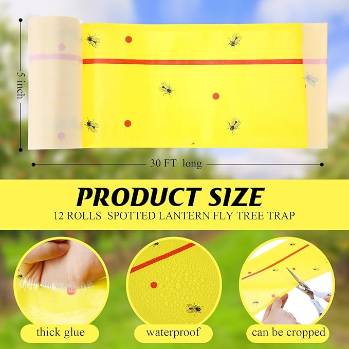 12 Rolls (30 Feet Each) Spotted Lantern Fly Tree Trap Outdoor Fruit Fly Sticky Strips Paper Ant Insect Sticky Barrier Tree Trunk Wraps to Protect Trees Plants Lawn Garden(Yellow and Red)