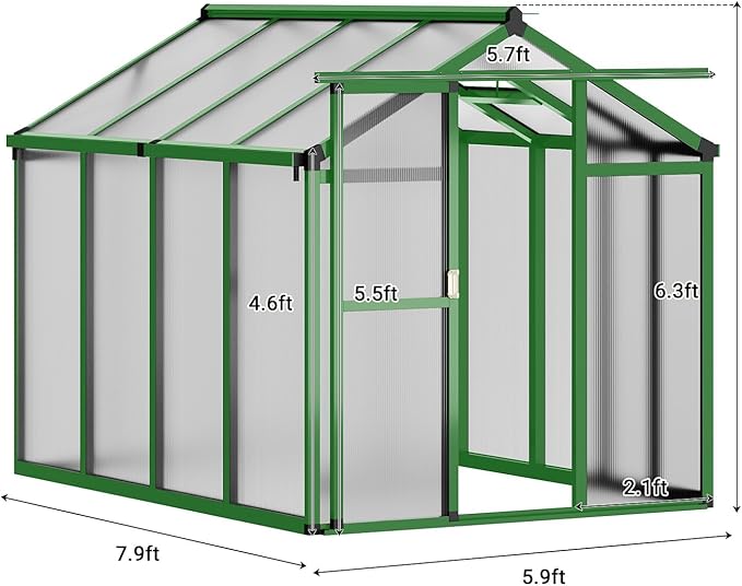 6X8 FT Greenhouse for Outdoors Walk-in Greenhouse Kit with Aluminum Frame Polycarbonate Panels Adjustable Roof Vent Sliding Door Secure Lock for Outside Garden Patio Backyard