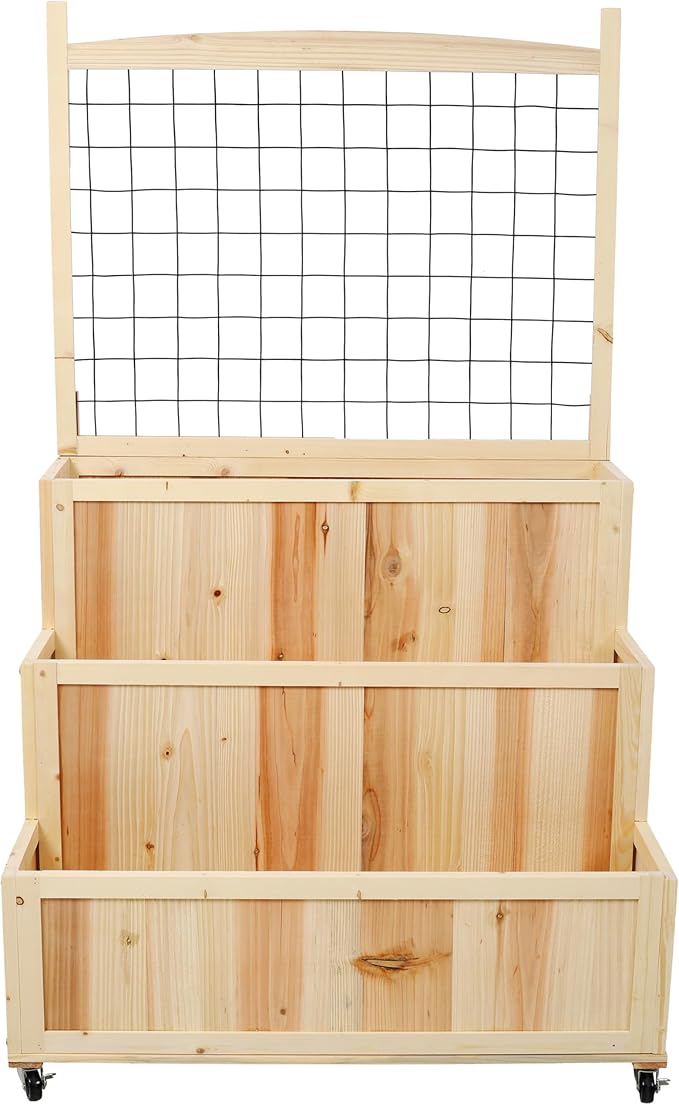 3 Tiers Raised Garden Bed with Trellis 53 H Vertical Planter Box with Wheels Back Storage Area for Flowers Vegetables Herbs Natural