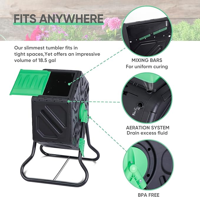 Compost Bin Tumbling Composter Rotating w/Sliding Doors Compost Bin Single Chamber Heavy Duty Outdoor Gardening Composting Tumblers Garden Yard (18.5 Gallon Black)
