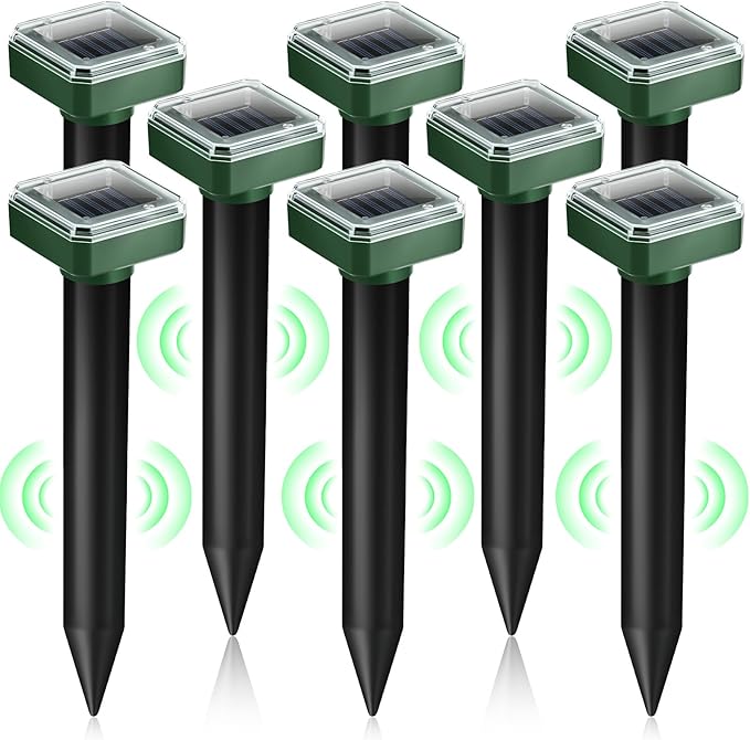 8 Pack Mole Repellent Solar Powered Gopher Repellent Ultrasonic Mole Stakes Deterrent for Yard Solar Rodent Repeller Outdoor for Vole Groundhog Chipmunk Snake Lawns Gardens Farms Burrowing Animals