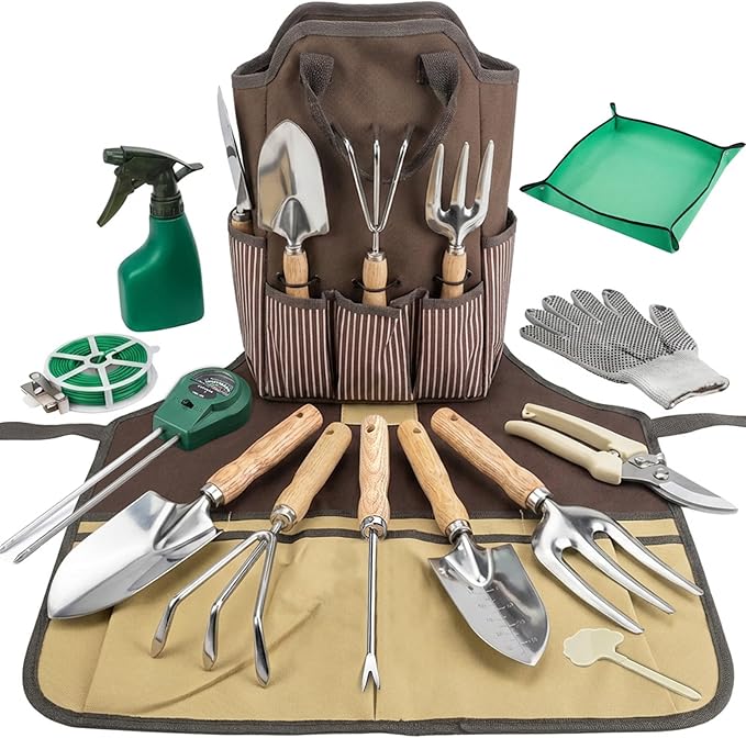 14 PCS Garden Tool Set with Soil Moisture Meter Stainless Stell Heavy Duty Gardening Hand Tools with Wood Handle Tote Bag Repotting Mat Gardening Tool Set Ideal Gift for Women and Men