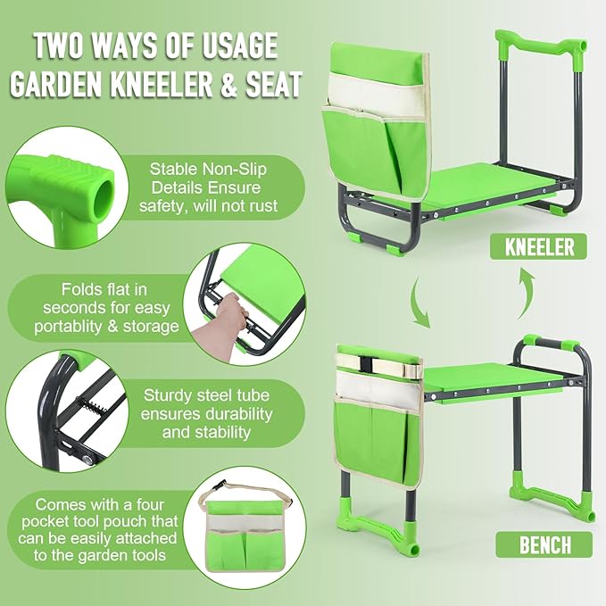Garden Kneeler and Seat Heavy Duty with 10.2” Wider Soft Pad Portable Folding Stool for Gardening with Extra Hand Pruner Sturdy Garden Kneeling Bench for Senior Help Stand Green