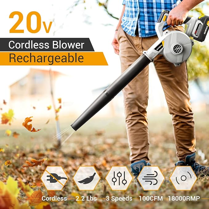 Leaf Blower Cordless with Battery and Charger - 20V Electric Cordless Blower with 3 Speed|100CFM|170MPH 2.0Ah Lightweight Battery Powered Small Leaf Blower for Lawn Care Patio Dust Blowing Leaves
