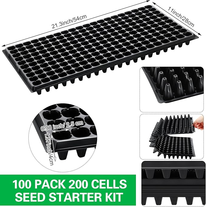 Dandat 100 Pack 200 Cells Reusable Seed Starting Trays Seedling Trays Plant Germination Trays Propagation Tray Plastic Seed Starter Trays with Drain Holes for Growing Seedlings Planting Indoor Garden