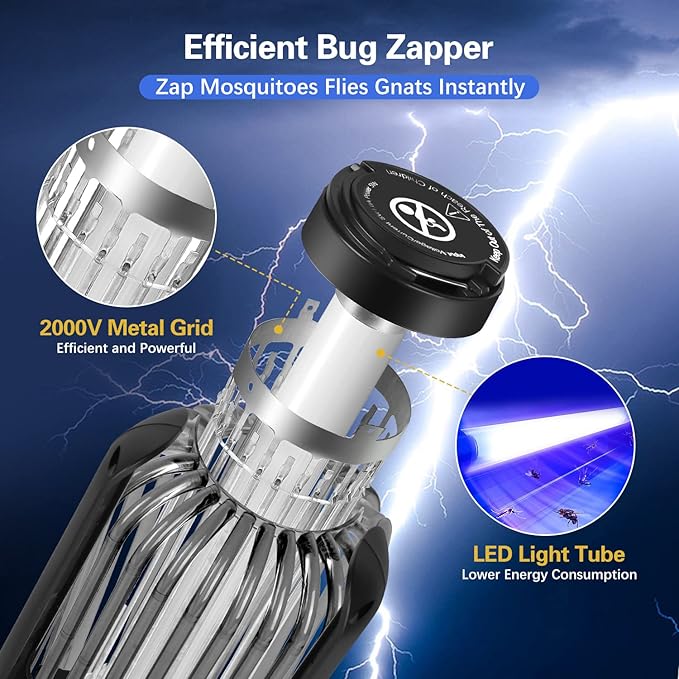 Bug Zapper 2000V High Powered UV Light Electric Mosquito Zapper Waterproof Mosquito Killer Lamp Light-Emitting Flying Insect Control Lamp for Home Patio Backyard Camping