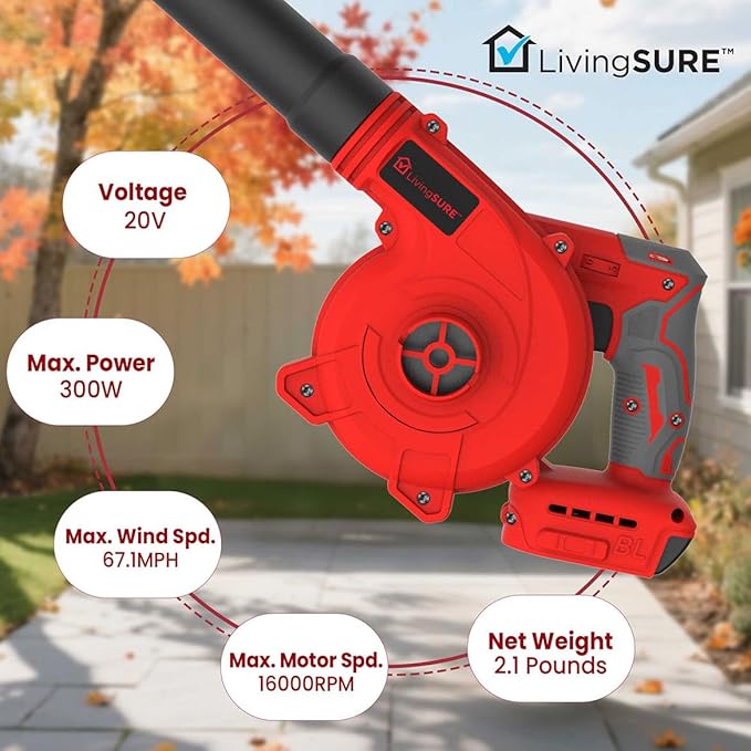 Cordless Compact Leaf Blower Vacuum by LivingSURE Lightweight Electric Handheld Blower for Lawn and Leaf Care Patio Cleaning Dust Cleaner - Battery Not Included
