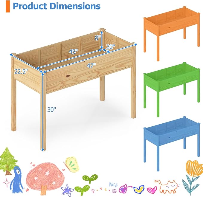 COSTWAY Raised Garden Bed Elevated Wood Planter Box Stand with Legs for Vegetables Flowers &amp Herbs Standing Growing Bed for Backyard Patio Balcony 47 x 22.5 x 30 Natural