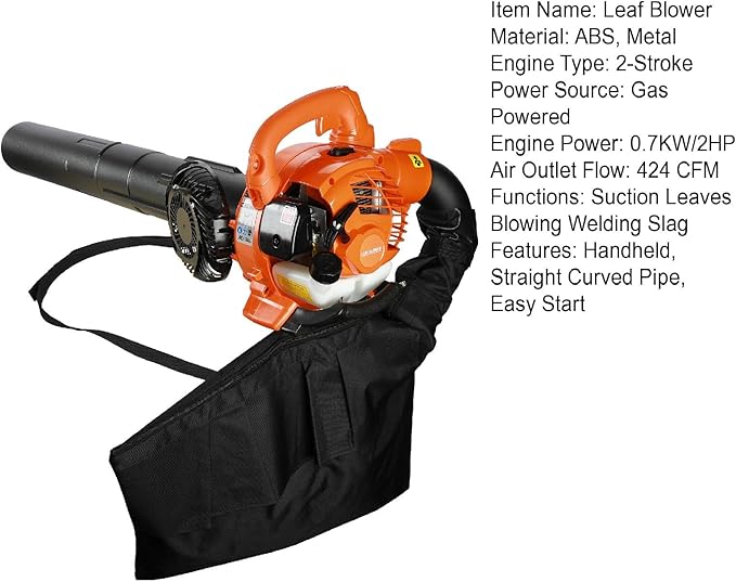 2-Stroke Handheld Gas Powered Leaf Blower Powerful 26cc Leaf Blower with Bag 424 CFM Air Volume Dual-Purpose Leaf Vacuum Mulcher with Bag Durable Blowers for Cleaning Leaf Snow Home Easy Start