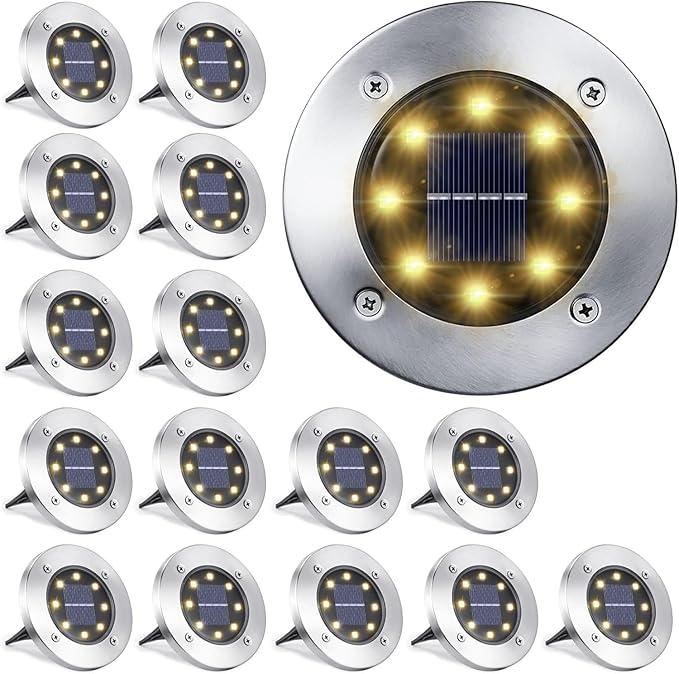Solar Ground Lights Outdoor In-ground Pathway Light 8/16 PCS LED Solar Disk LampWaterproof Garden Landscape Lighting for LawnYardDeckPatioWalkway(Warm Light16PCS)