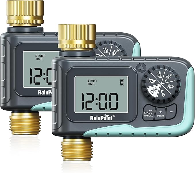 RAINPOINT Sprinkler Timer with Brass Inlet &amp Outlet Programmable Hose Timer for Garden Soaker Hose with Rain Delay/Manual Watering System Digital Drip Irrigation for Yard Lawn(2PCS)