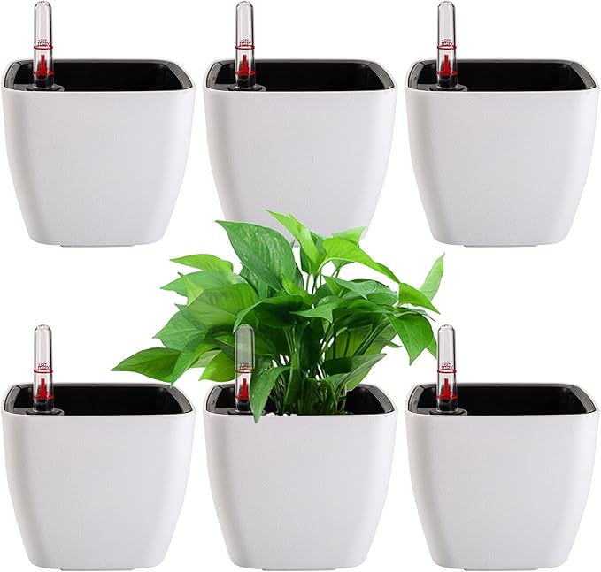yarlung 6 Pack Self Watering Planter with Water Level Indicator 5 Inch Plastic Plant Flower Pots Nested Container for Indoor Plants Herbs Aloe Outdoor Gardening