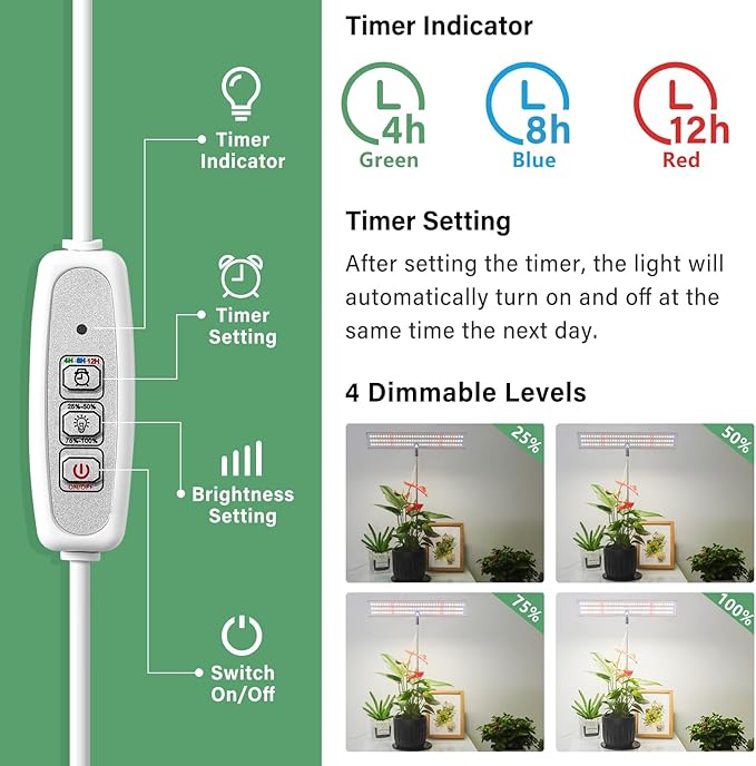 LORDEM Grow Light for Indoor Plant Full Spectrum LED Plant Light Height Adjustable Growing Lamp with Auto On/Off Timer 4H/8H/12H 4 Dimmable Brightness Ideal for Home Desk Plant Lighting 2 Pack