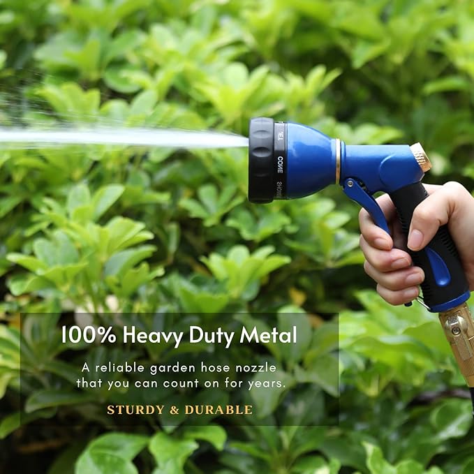 HOSUN Garden Hose Sprayer Nozzle 100% Heavy Duty Metal Water Hose Nozzle with 8 Different Spray Patterns High Pressure Hose Spray Nozzle for Watering Plant &amp Lawn Washing Car &amp Pet Blue