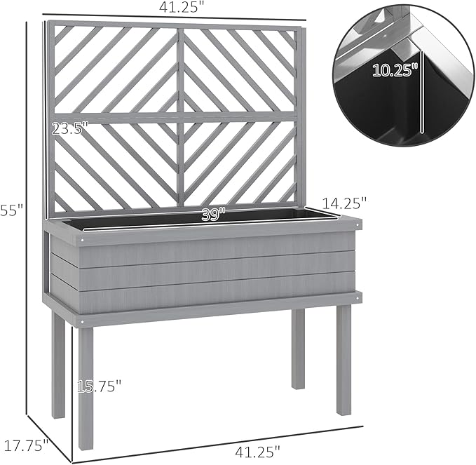 Wooden Planter Box with Trellis Elevated Raised Garden Bed for Climbing Plants Fir Wood Flower Shelf with Drainage Holes Gray 41.25 W x 17.75 D x 55 H