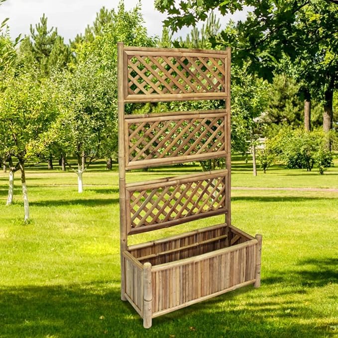 Garden Raised Bed Natural Bamboo 27.6x11.8x53.1 inch Outdoor Planter with Trellis for Climbing Plants Patio Deck Balcony