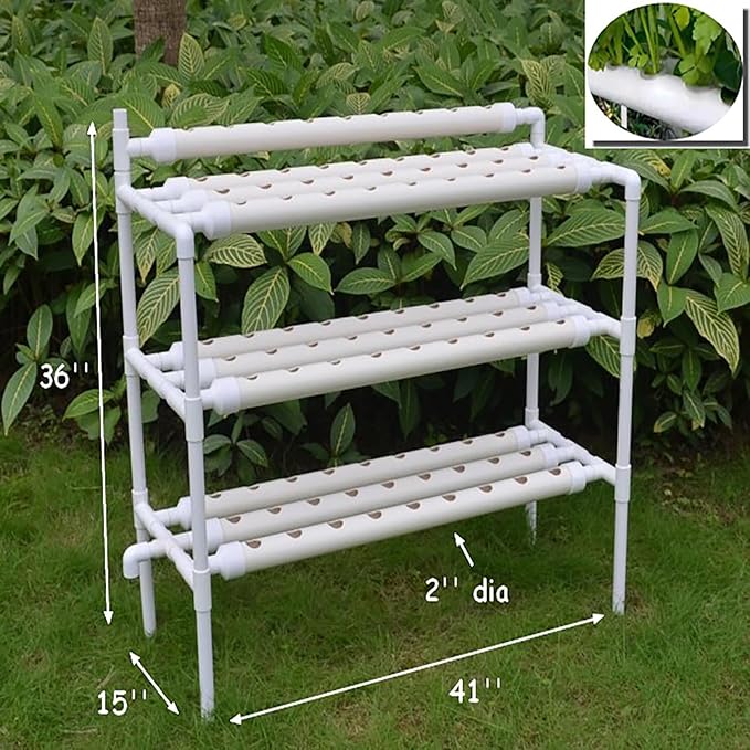 INTBUYING Hydroponics Growing System 90 Holes10 Pipes 3 Layers Plant Site Grow Kit Food-Grade PVC-U Pipes Hydroponic Gardending System with Water Pump Nest Basket and Sponge