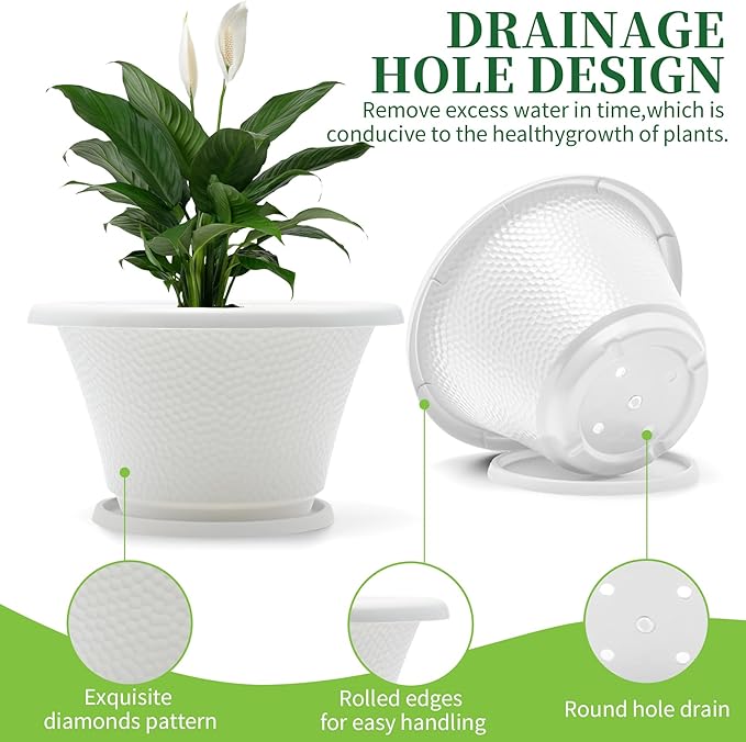 Quarut 12 Inch Plant Pot4 Pack Large pots for PlantsFlower Pots with Drainage Hole &amp SaucerModern Planters for Indoor Outdoor PlantsDecorative Resin Garden PotsWhite