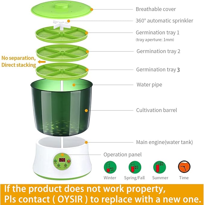Bean Sprouts Machine Seed Sprouter Kits LED Display Time Intelligent Automatic Bean Sprouts Maker 3 Layers Function Large Capacity Seed Grow Also for Radish Alfalfa Wheatgrass Broccoli Sprouts