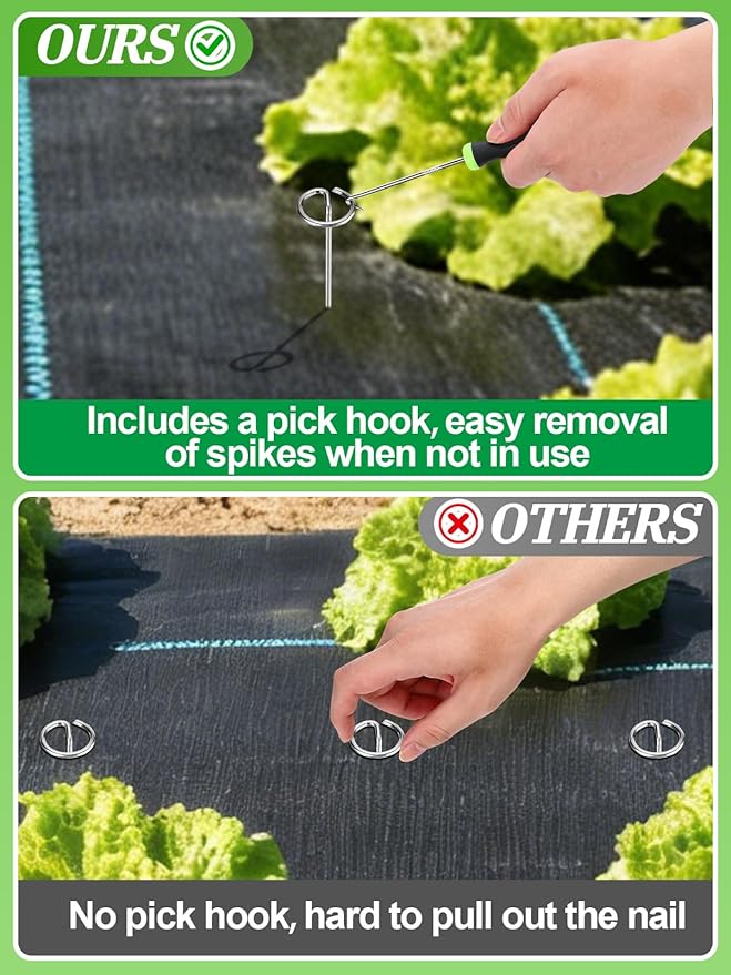 6 Inch Landscape Staples with Hook &amp Hammer - 120pcs Circle Top Weed Barrier Stakes Kit 9 Gauge Galvanized Rust-Resistant Garden Fabric Pins for SOD Garden Edging Install &amp Remove Tools In
