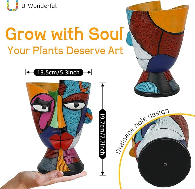 Abstract Face Planters Pots Head 7.8 Inch with Drainage - Decorative Plant Pots Retro Rainbow Design Cute Unique Planter for Succulents/Snake Plants/Cactus Indoor &amp Outdoor