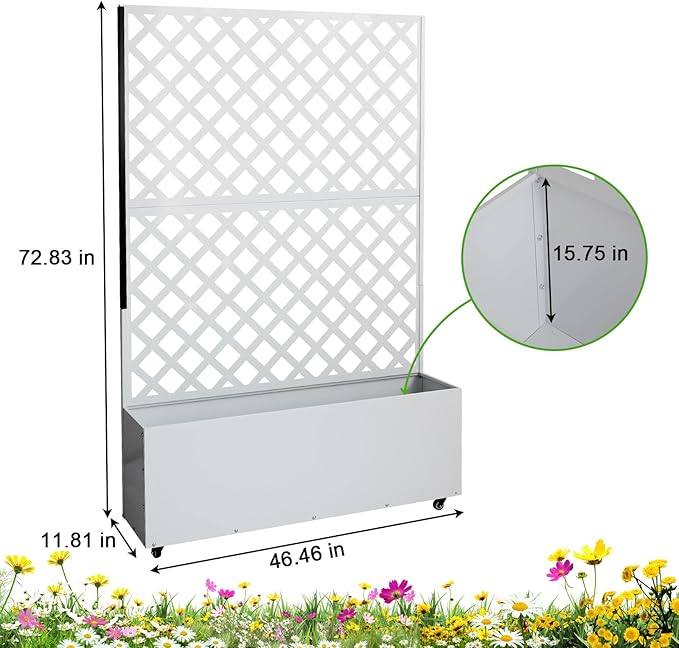 GarveeLife Metal Planter Box with Trellis 73x47x12 Raised Garden Bed with Privacy Screen Galvanized Steel Planter Box with Drainage Holes for Outdoor Climbing Plants White