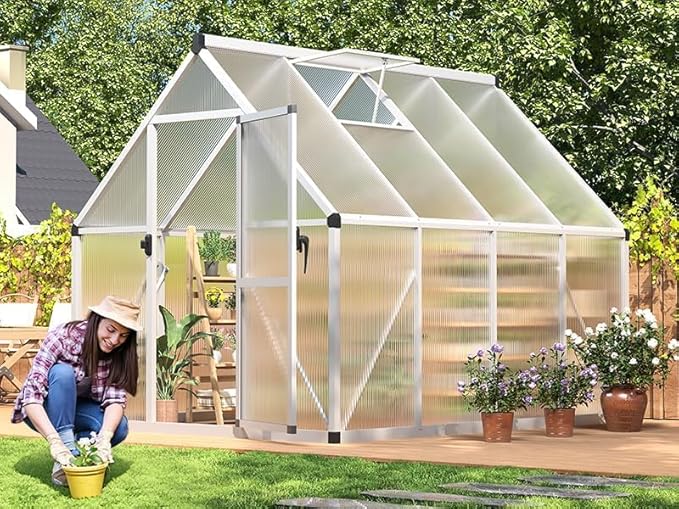 6x7 FT Outdoor Polycarbonate Greenhouse with Lockable Door Adjustable Roof Vent and Windproof Aluminum Frame Walk-in Design for Backyard or Lawn