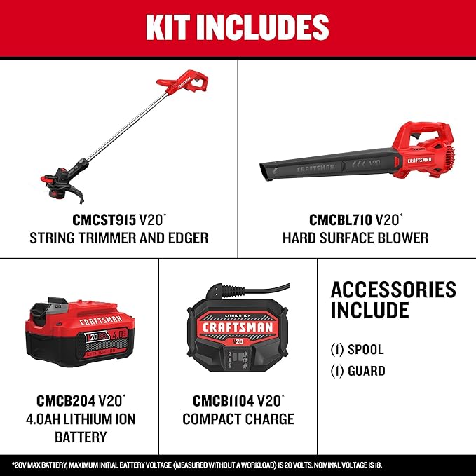 CRAFTSMAN V20 Cordless String Trimmer/Edger and Leaf Blower Combo with 4.0 Ah Battery and Charger Wide Cut Weedwacker 90 MPH Blower Lightweight (CMCK279M1)