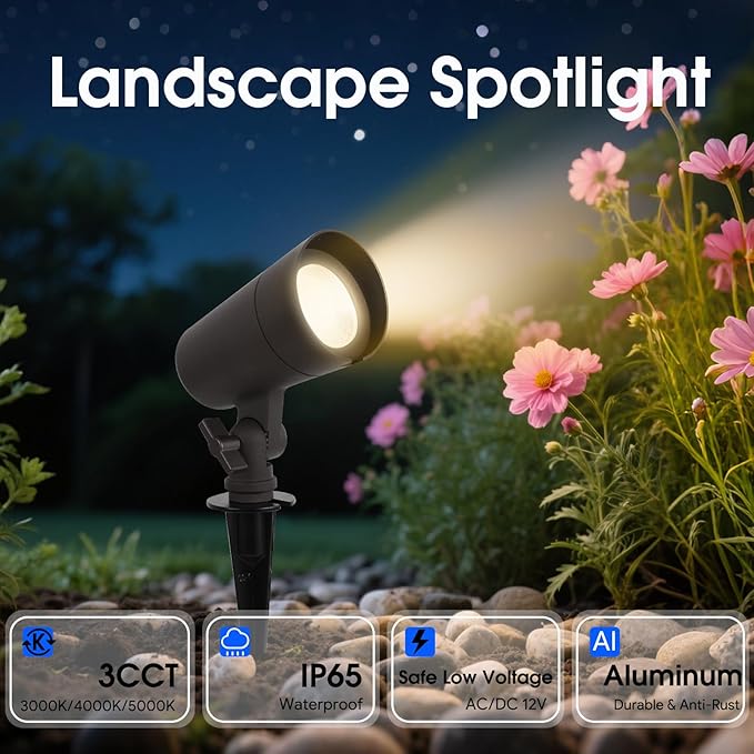 3CCT LED Landscape Lights with Connectors 12V Low Voltage 3000K/4000K/5000K Selectable 3W 200LM Outdoor Waterproof Garden Pathway Lights Wall Tree Flag Spotlights with Spike Stand 4 Pack